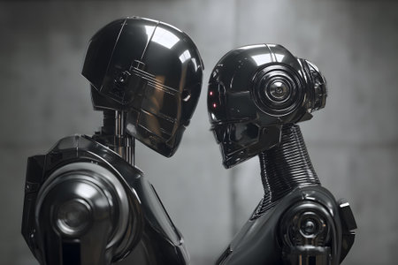 Futuristic robots display emotional connection in a modern settingの素材