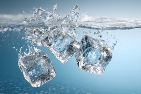 Ice cubes drop into sparkling blue water, creating splashes and bubbles. The scene captures the refreshing essence of summer fun and cool drinks enjoyed by the poolside.の素材
