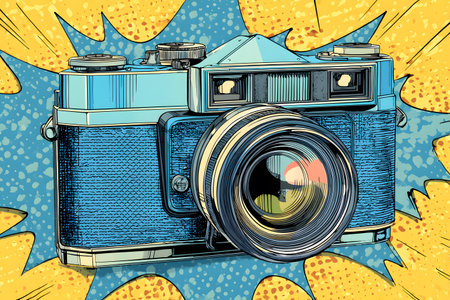 A stylized illustration of a retro camera set against a colorful pop art background. Bold colors and shapes create a playful and energetic scene emphasizing photography.の素材