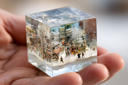Miniature winter scene captured in a delicate crystal cube held in a person's hand on a bright dayの素材