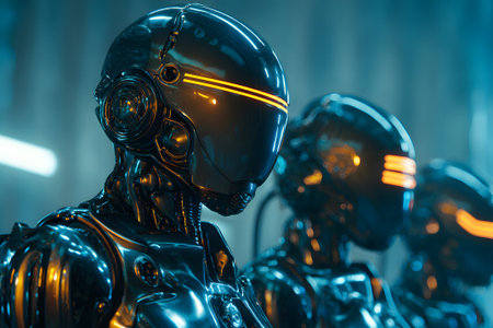 Futuristic robots lined up in a high-tech setting showcasing advanced design and glowing featuresの素材