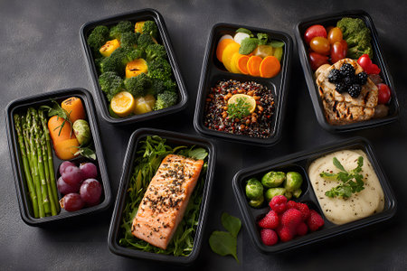 Healthy meal prep containers with fresh ingredients and colorful foods arranged beautifullyの素材