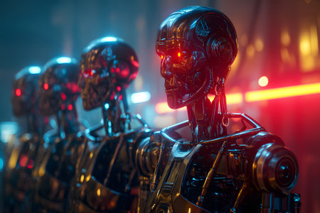 Futuristic robots lined up in a dimly lit urban setting with glowing red eyesの素材