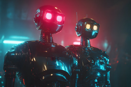 Robots with vivid lights stand together in a futuristic setting during nighttimeの素材