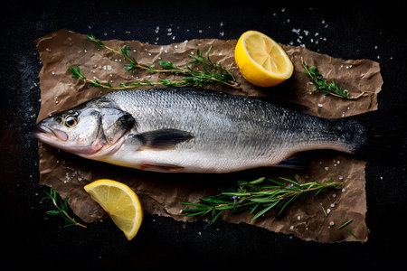 Fresh fish with lemon and herbs ready for cooking on dark surfaceの素材