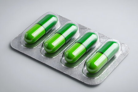 Green capsules in a blister pack displaying their vibrant color and shape in a clear settingの素材