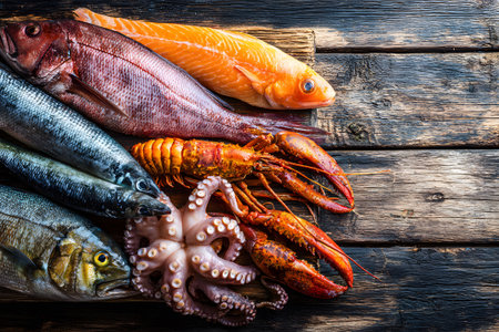 Fresh seafood assortment displayed on wooden table with vibrant colors and texturesの素材