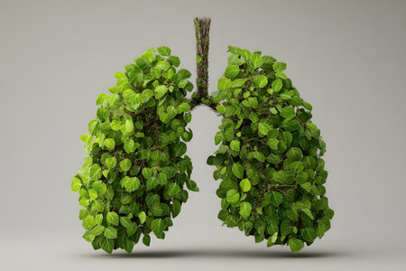 Lungs made of vibrant green leaves symbolizing nature and health in a creative conceptの素材