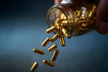 Golden capsules spill from a bottle against a dark background in a close-up shotの素材