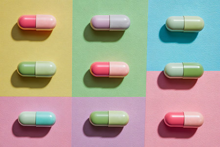 Colorful capsules arranged in a unique pattern on pastel backgrounds at a creative studioの素材