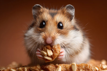 Cute hamster enjoying a snack of oatmeal cookie in a warm settingの素材