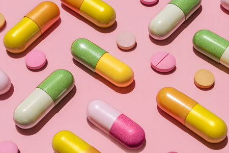 Colorful capsules and tablets arranged on a pink background create an appealing visual display of medicineの素材
