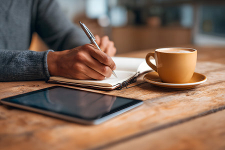 A person with a pen writes in a notebook on a wooden table. A cup of coffee sits nearby, and a tablet is also present. The atmosphere feels warm and inviting.の素材
