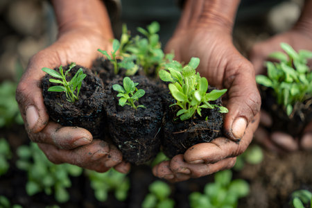 Hands gently cradle young green plants with rich soil in a garden. The scene captures the nurturing act of planting in natural sunlight. Growth and care are evident in this vibrant setting.の素材