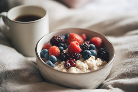 A warm bowl of oats topped with strawberries, blueberries, and raspberries sits on a wooden plate. A cup of dark drink is nearby in a comfortable, rustic space.の素材