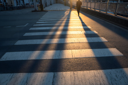 A lone figure walks thoughtfully along a crosswalk in a quiet urban area as the sun sets, casting long shadows on the pavement. The scene captures a peaceful evening moment.の素材