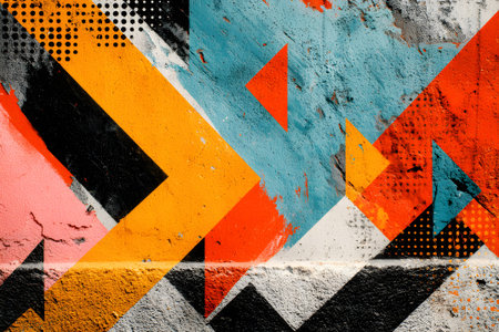 Brightly colored arrows in shades of blue, yellow, orange, and pink decorate a concrete wall in an urban area. The artwork creates an energetic and dynamic atmosphere.の素材