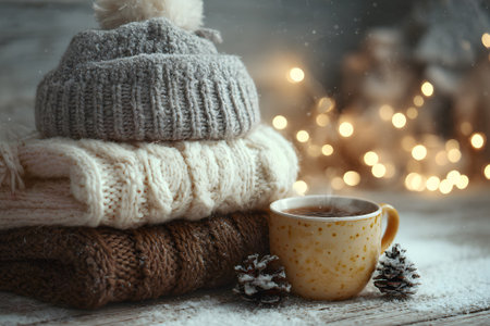 Soft blankets are neatly arranged with a knitted hat on top, next to a warm cup of coffee. Twinkling lights create a cozy winter atmosphere perfect for relaxation.の素材