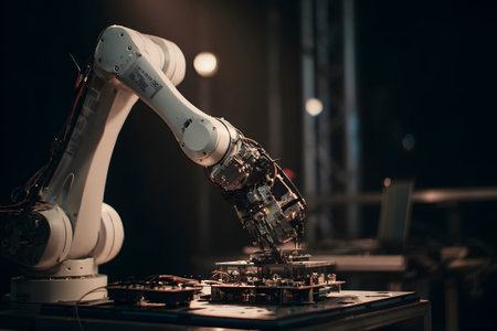 A robot arm works diligently to assemble a circuit board at a manufacturing facility during a busy day. The scene highlights advanced technology and precision in production.の素材