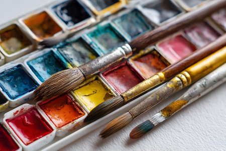 Vivid watercolor paints in a palette sit beside various brushes on a rustic wooden surface. The scene captures the essence of a creative art session taking place in the afternoon.の素材