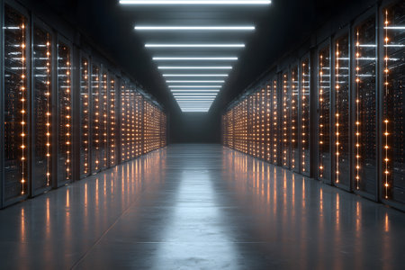 A long corridor in a data center shows rows of server racks lined up on both sides. Bright overhead lights reflect off the polished floor, creating a modern and high-tech atmosphere.の素材