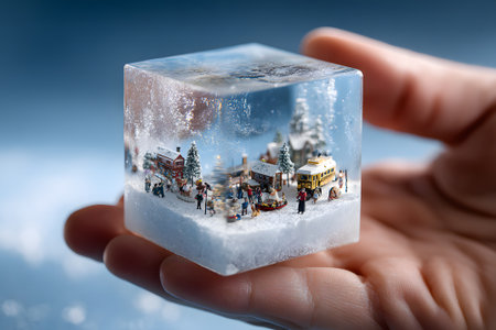 Unique winter scene in a frozen block showcasing a miniature holiday villageの素材