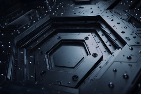 Close-up view of a futuristic black hexagonal design with textured surfaces and small metallic detailsの素材
