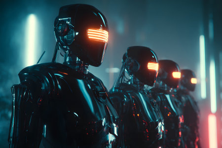 Robotic figures stand in formation with glowing eyes in a futuristic setting at nightの素材