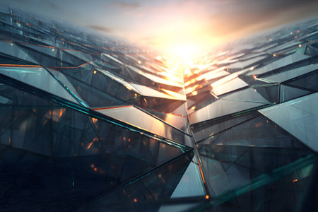 Sunrise reflection on geometric glass landscape showing casing shards and light particlesの素材