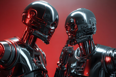Two shiny humanoid robots engaging in a quiet conversation against a backdrop of glowing red lightの素材