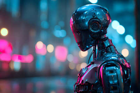 Robot stands in a neon-lit city at night, surrounded by vibrant lights and futuristic designの素材
