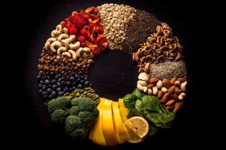 Colorful arrangement of healthy foods in circular design showing variety of fruits, nuts, and vegetablesの素材
