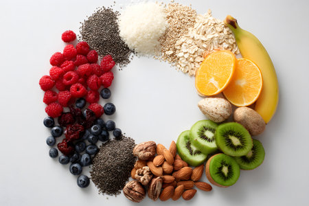 Colorful assortment of healthy fruits and seeds arranged in a circular pattern on a white surfaceの素材