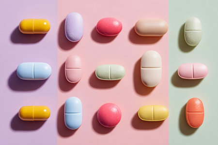 Colorful assortment of dietary supplements on pastel backgrounds in a modern designの素材