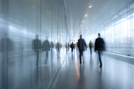 Crowded indoor hallway filled with people walking during a busy day in an urban settingの素材