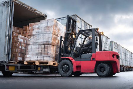 Forklift unloading cargo from a shipping container at a warehouse loading dock in a cloudy weather settingの素材