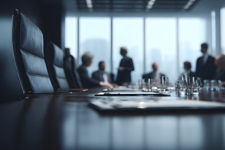 Business meeting in a modern conference room with a city skyline visible through large windowsの素材