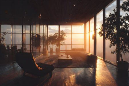 Modern living room with sunset view from large windows, featuring plants and cozy seatingの素材