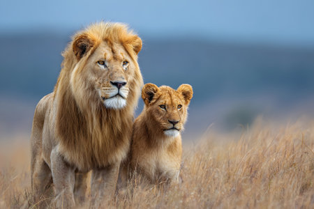 Lions standing together in tall grass during early morning light, showing their majestic featuresの素材