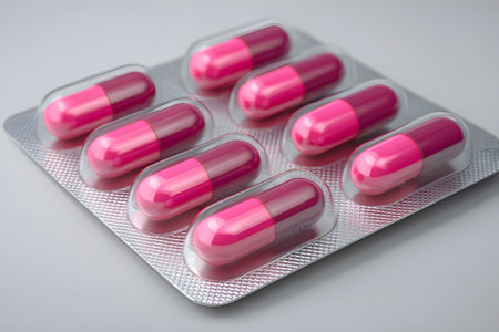 Bright pink capsules arranged neatly in a blister pack on a light gray surfaceの素材