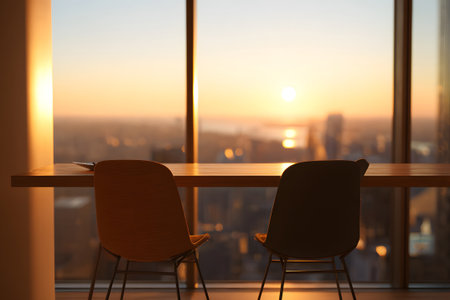 Sunset view from a city apartment overlooking the skyline with chairs by the windowの素材