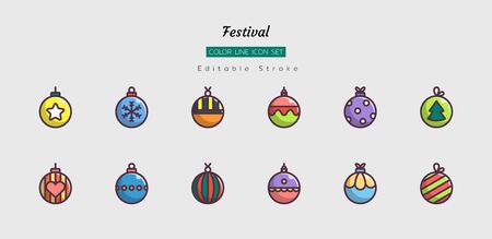 filled color line icon symbol set, festival celebration concept, christmas, new year, fancy ball, Isolated flat vector design, editable strokeのイラスト素材