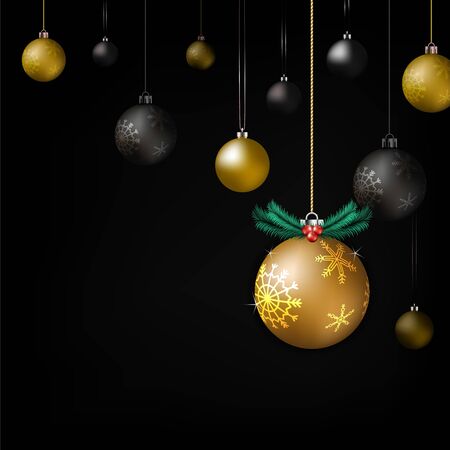 festival celebration concept, merry christmas, happy new year, gold black ball decoration, black background, Isolated vector designのイラスト素材