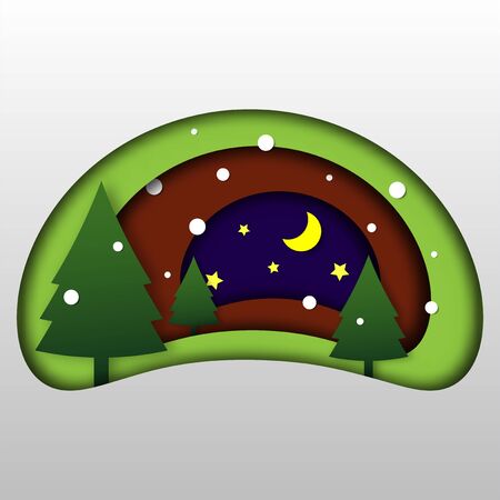 festival celebration concept, merry christmas, happy new year, paper cut, night winter tree in overlap shape, Isolated vector designのイラスト素材
