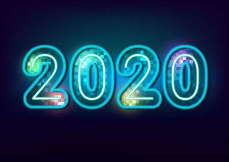 festival celebration concept, happy new year, 2020 blue neon, colorful glowing, night background, Isolated vector designのイラスト素材