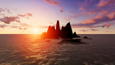 High quality render of a Rocky Island at the sunset