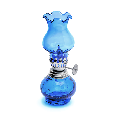 Oil lamp wick lantern made of blue glass and metal isolated on white backgroundの写真素材