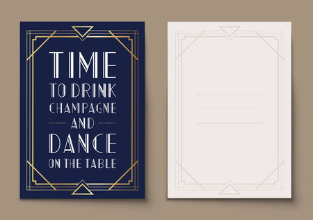 Art deco ornament invitation card. Vector party invitation flyer, vintage decorative mockup in classic retro style. Luxury greeting card designÂ with golden ornamental frameのイラスト素材