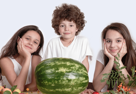 Two girls and a boy sitting at the table in front of a large watermelon whole. Looking at the camera. Grey background. Close-up.の写真素材
