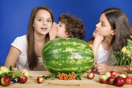 Small curly boy is telling a secret girls. Sitting at the table in front of a large watermelon and fruit. Blue background. Close-up.の写真素材